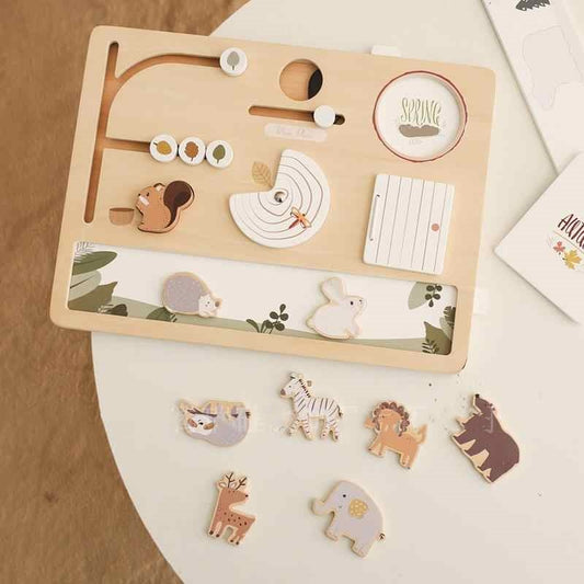 Wooden activity board toy with sliding and spinning features