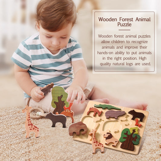 Child playing with a wooden forest animal puzzle on a carpeted floor.