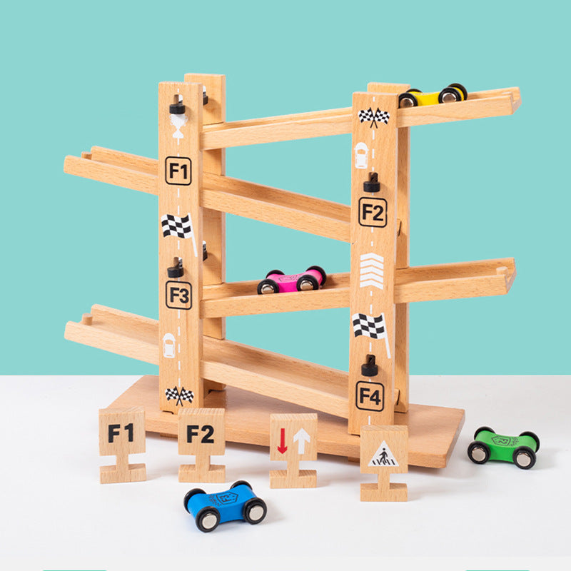 Wooden toy race track with cars on a light blue background