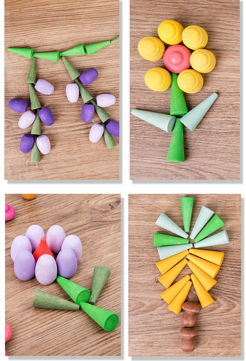 Collage of colorful paper flower crafts on a wooden surface