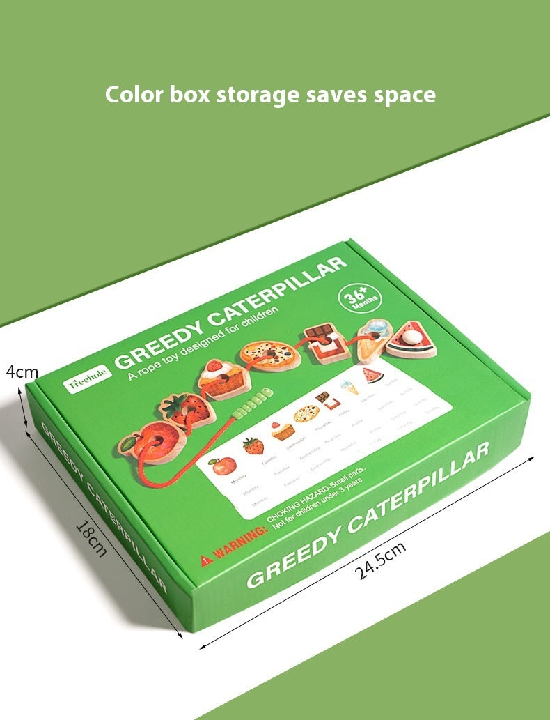 Green box labeled 'Greedy Caterpillar' with dimensions on a green background