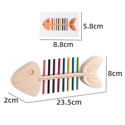 Wooden fish-shaped toy with colorful bars and measurements on a white background