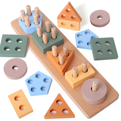 Wooden shape sorting toy with colorful geometric blocks on a white background