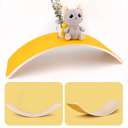 Yellow and white pet shelf with a plush toy on a white background
