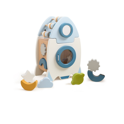 Children's wooden toy with geometric shapes on a white background