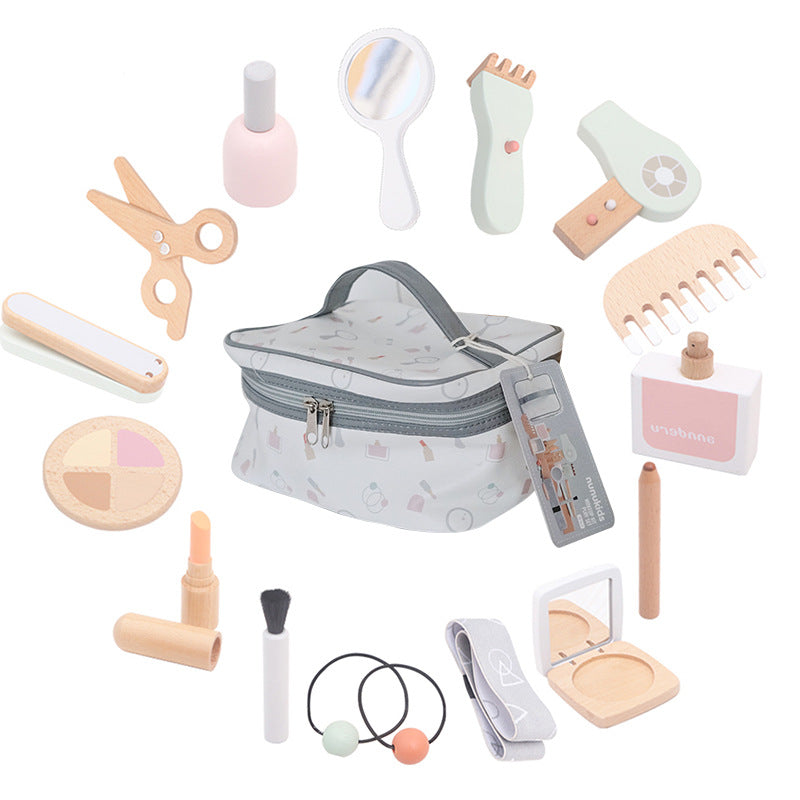 Children’s Wooden Makeup & Hairdressing Pretend Play Set | Barber Bag Role Play Toy