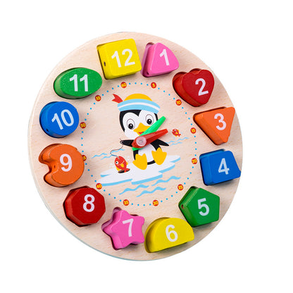 Colorful wooden clock with numbers and a penguin design on a white background