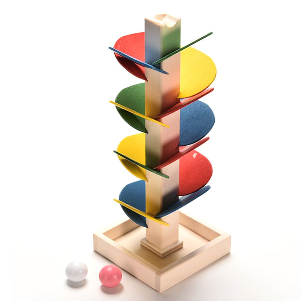 Colorful wooden toy with spherical platforms on a white background