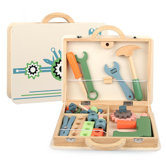 Wooden toy tool set with colorful tools in a carrying case on a white background