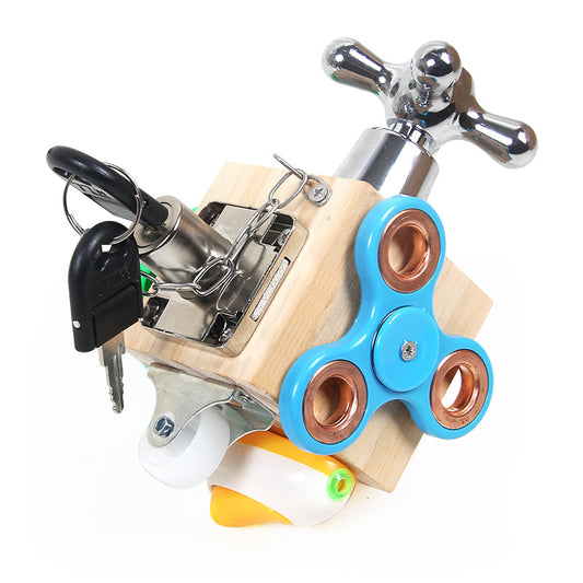 Mechanical device with a fidget spinner attachment on a white background