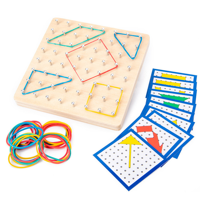 Wooden pegboard with colorful rubber bands and instruction cards on a white background