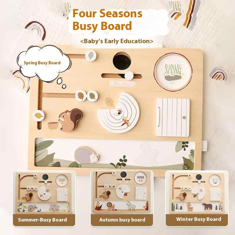 Four Seasons Busy Board with educational elements for baby's early education on a light background.