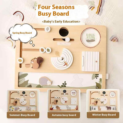 Four Seasons Busy Board with educational elements for baby's early education on a light background.