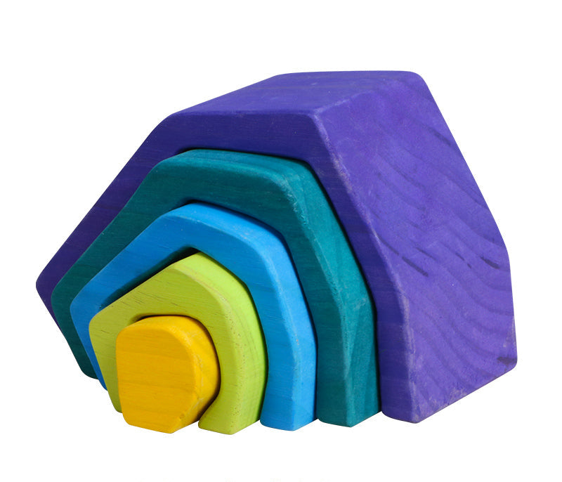 Set of colorful wooden geometric shapes on a white background