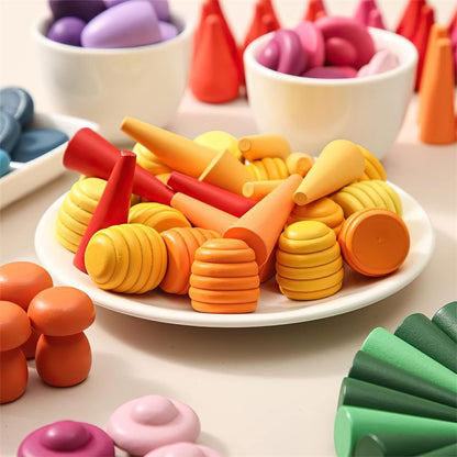Colorful plastic building blocks on a white plate with additional blocks scattered around.