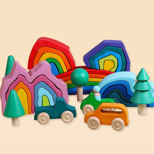 Colorful wooden toy set with houses, trees, and a car on a beige background