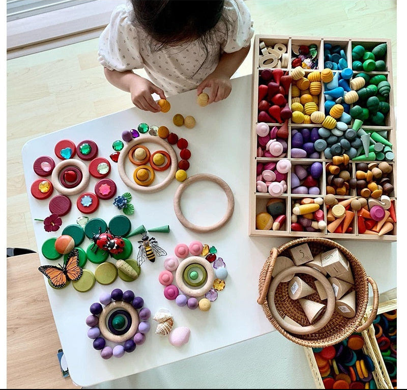 Child playing with colorful wooden toys on a table, with text about independent assembly and developing patience.
