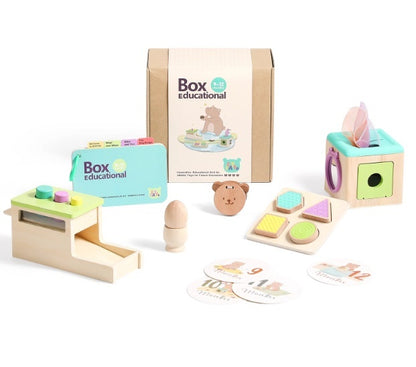 Wooden educational toy set with shapes and a box labeled 'Box educational' on a white background.