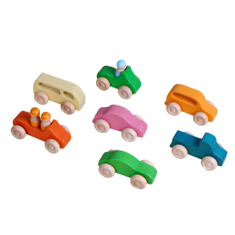Set of colorful wooden toy cars with measurements on a white background