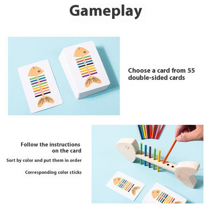 Color sorting game with cards and wooden sticks on a light blue background