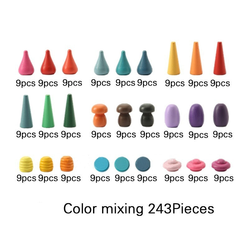 Assorted colorful clay pieces with quantity labels on a white background