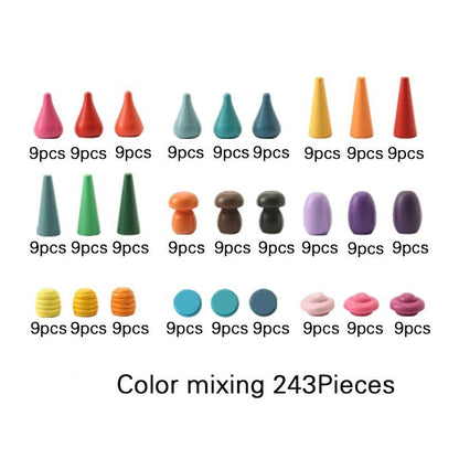 Assorted colorful clay pieces with quantity labels on a white background