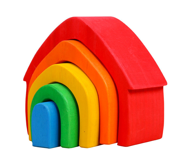 Set of colorful wooden blocks stacked in a rainbow pattern on a white background.
