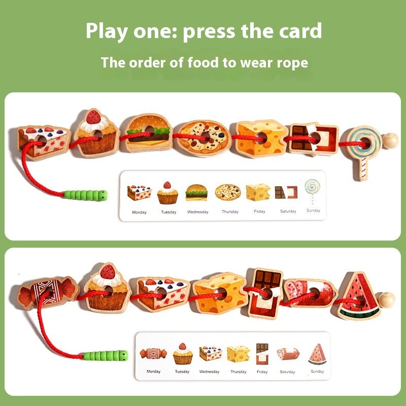 Educational toy with food-themed cards on a green background