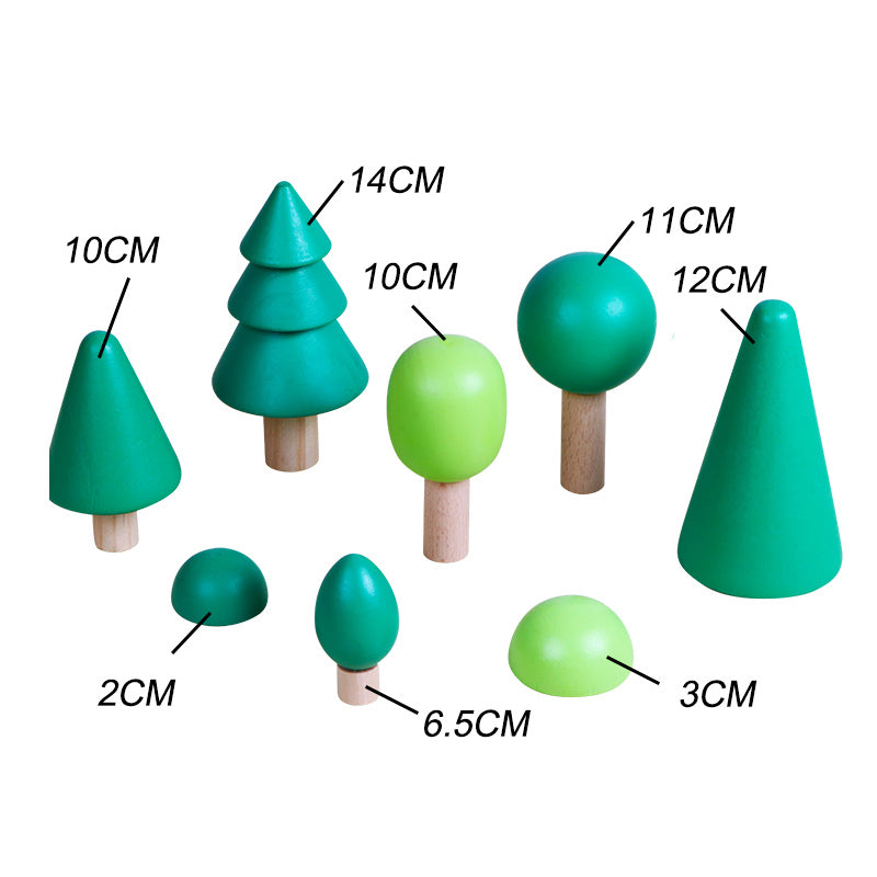 Set of green and brown wooden trees with measurements on a white background