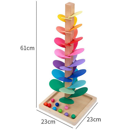 Colorful wooden toy with beads and dimensions on a white background