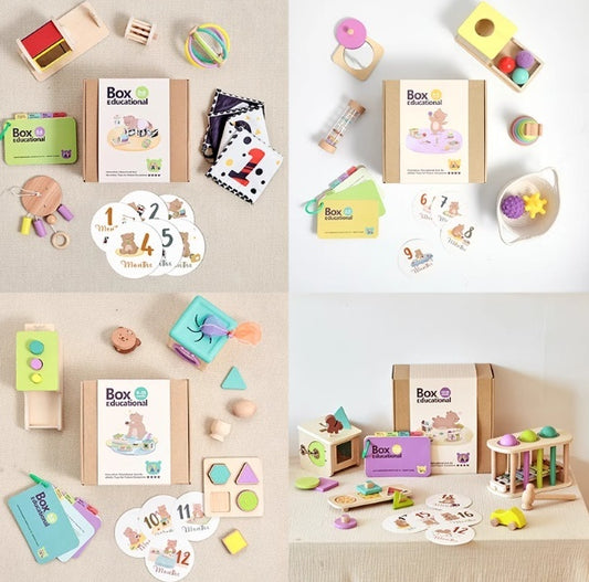 Educational toys and materials with 'Box educational' branding on a neutral background.