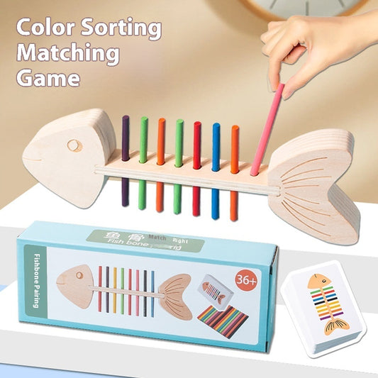 Color sorting matching game with wooden fish design, colorful sticks, and a hand interacting with it.