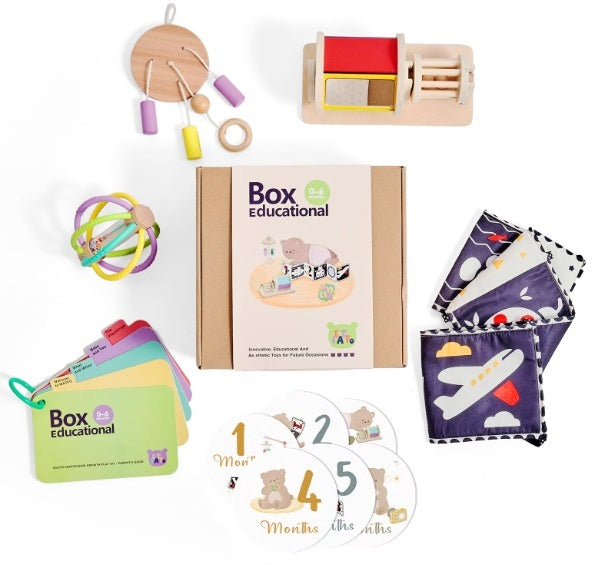 Collection of educational toys and items with 'Box Educational' branding on a white background.