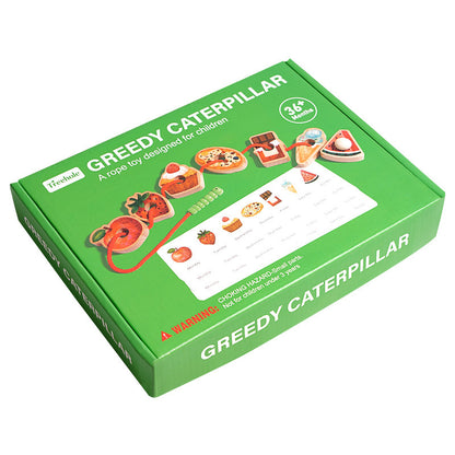 Green box of a rope toy designed for children called 'Greedy Caterpillar' on a white background.