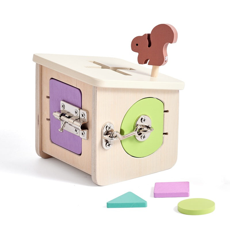 Wooden activity box with colorful shapes and a squirrel on top