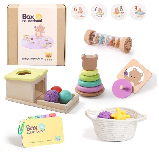 Collection of educational toys for infants with 'Box Educational' branding.