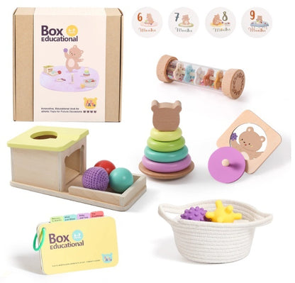 Collection of educational toys for infants with 'Box Educational' branding.