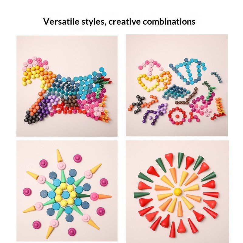Four colorful designs made from small round and cone-shaped objects on a beige background.