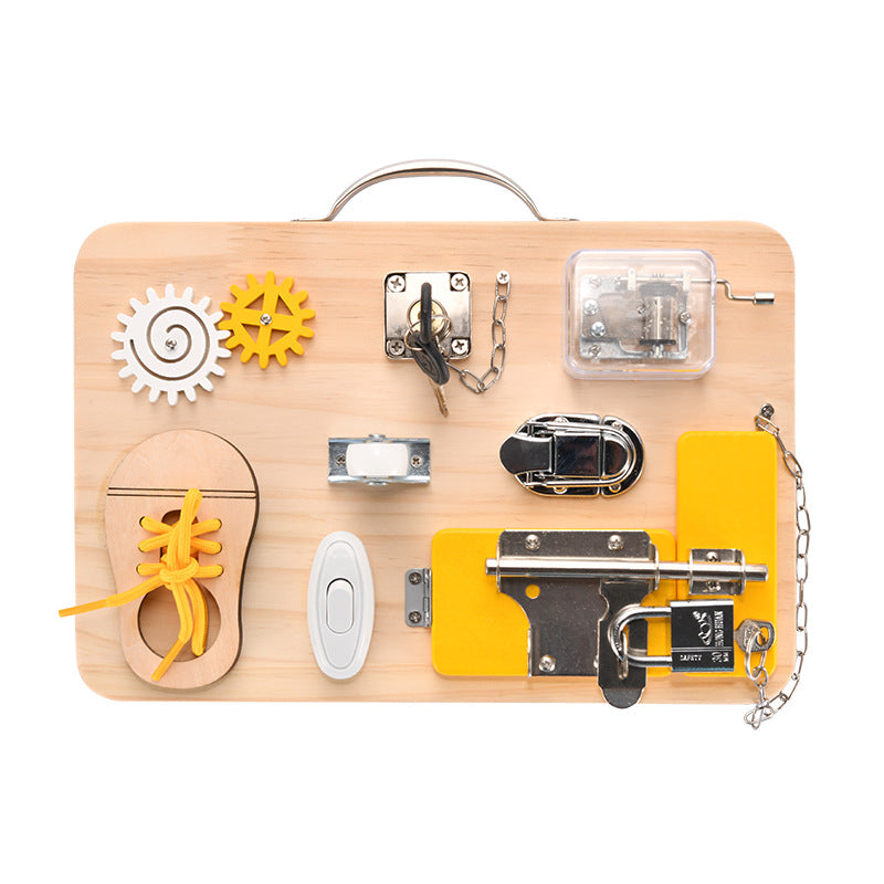 Wooden busy board toy designed for toddler fine motor play
