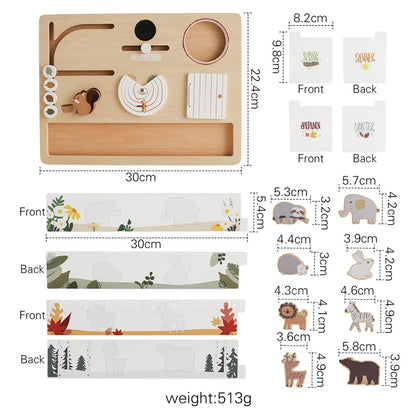 Wooden activity board with measurements and illustrations on a white background
