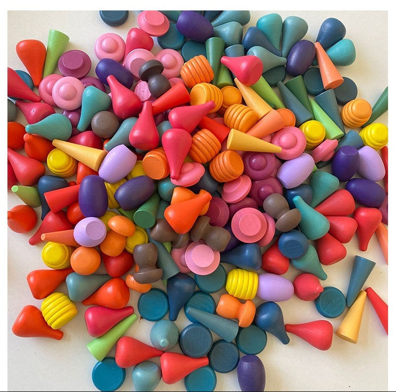 Colorful wooden shape sorting toys on a white background with text about smooth edges.