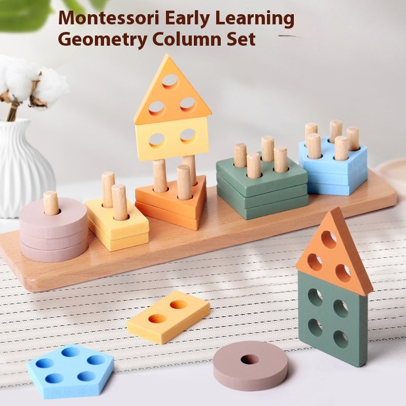 Montessori early learning geometry column set with colorful wooden shapes on a white surface.