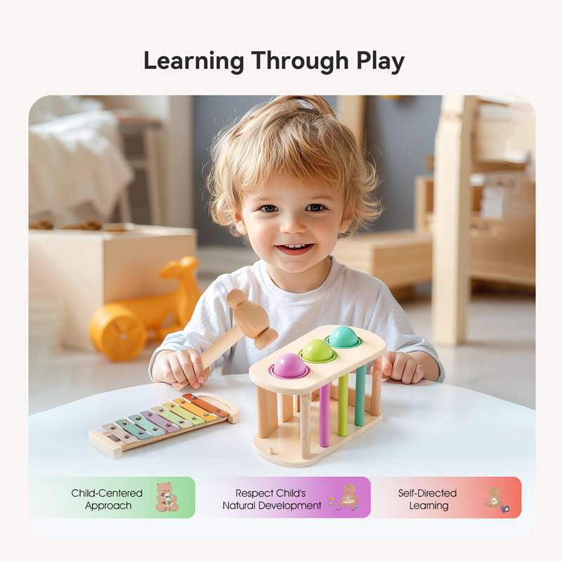 Child playing with wooden toys in a room with educational text overlay