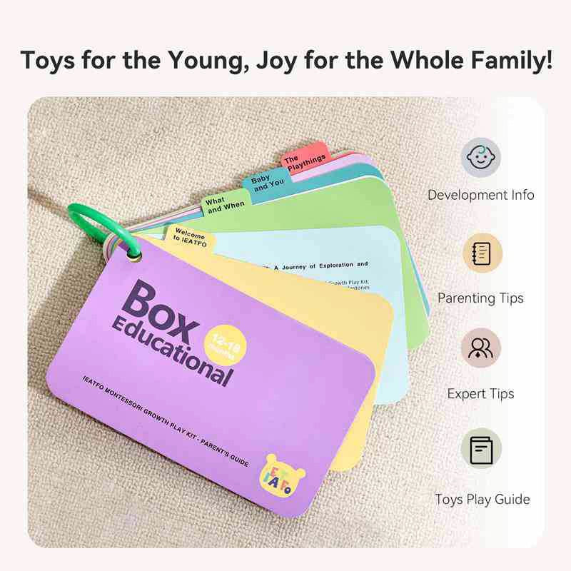 Educational toy set with colorful cards and a purple 'Box Educational' guide on a textured surface.