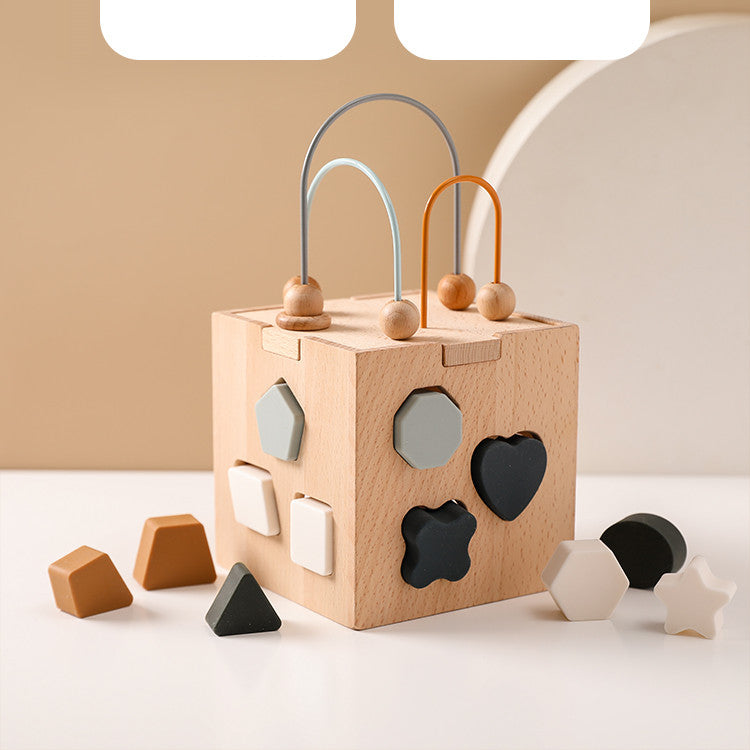 Wooden shape sorting cube with geometric blocks on a neutral background