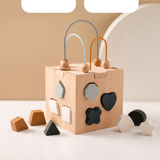 Wooden shape sorting cube with geometric blocks on a neutral background