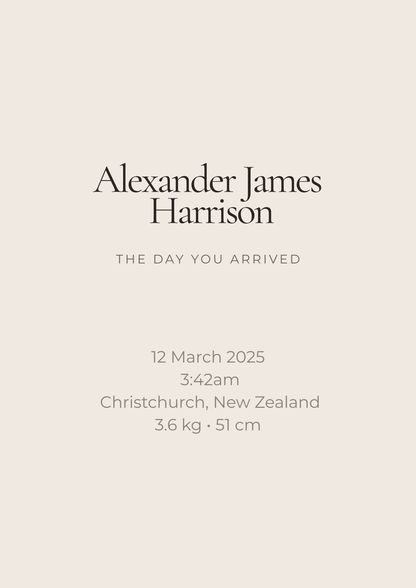 Newborn baby announcement card with name, birth details, and weight on a light gray background