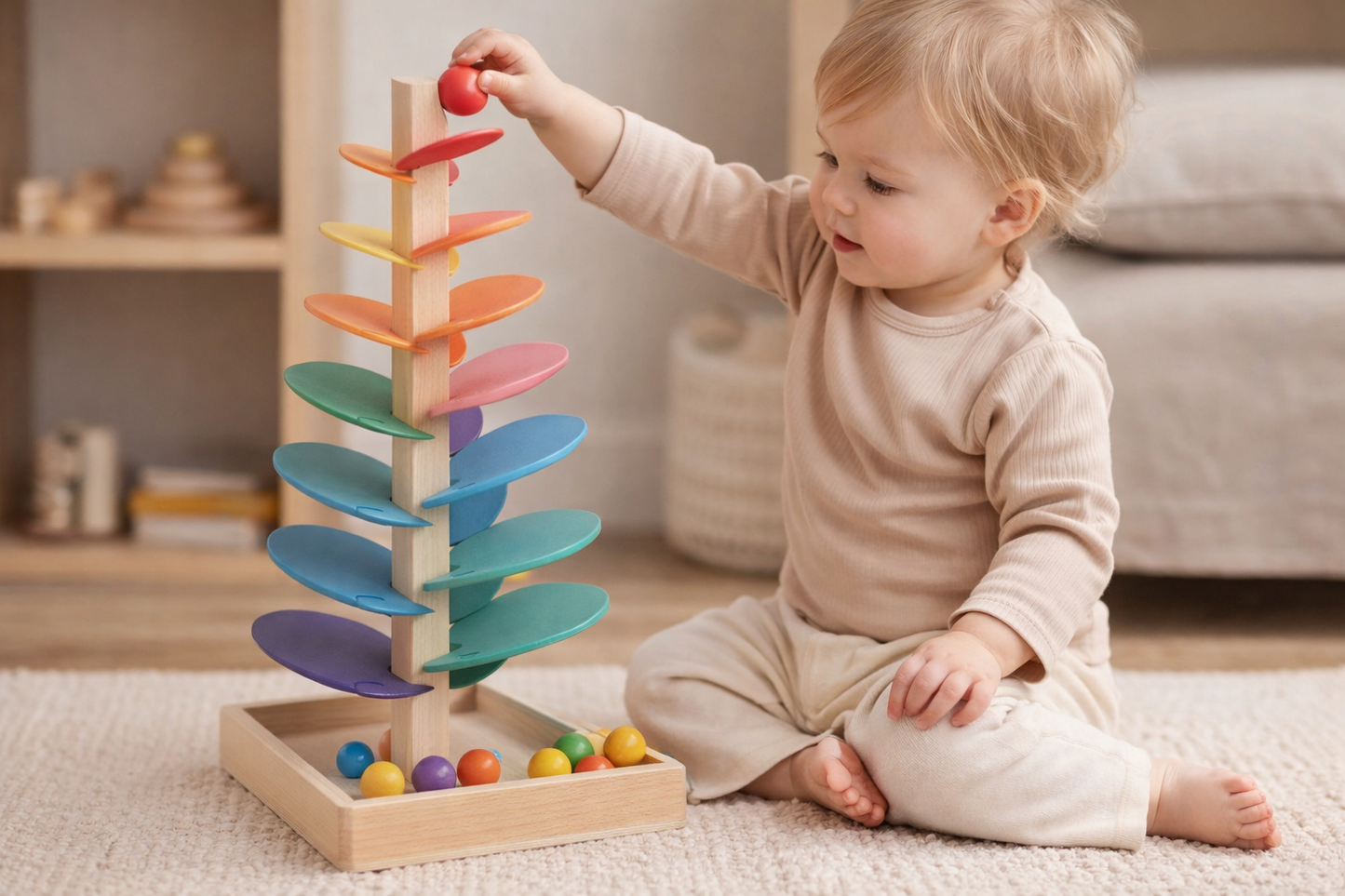 Child playing with a colorful wooden toy on a carpeted floor.