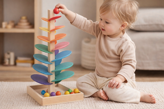 Child playing with a colorful wooden toy on a carpeted floor.