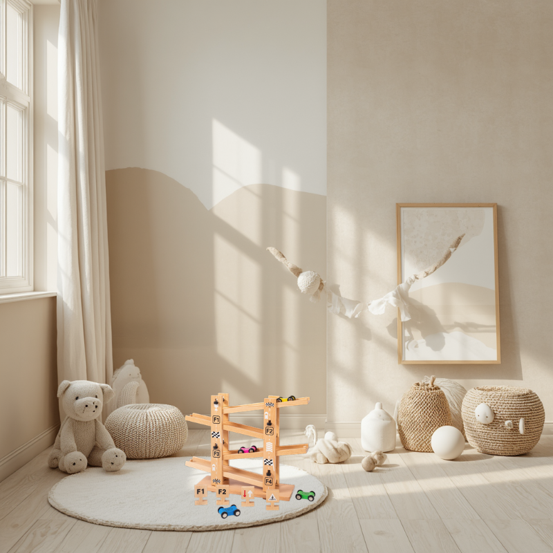 Children's playroom with toys and a wooden climbing toy in a softly lit room.